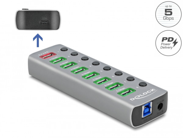 DeLOCK USB 5 Gbps Hub mit 7 Ports + 1 Schnellladeport + 1 USB-C PD 3.0 Port mit Schalter und Beleuchtung (63264)