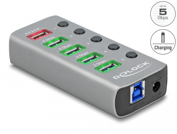 DeLOCK USB 5 Gbps Hub mit 4 Ports + 1 Schnellladeport mit Schalter und Beleuchtung (63262)