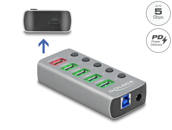 DeLOCK USB 5 Gbps Hub mit 4 Ports + 1 Schnellladeport + 1 USB-C PD 3.0 Port mit Schalter und Beleuchtung (63263)